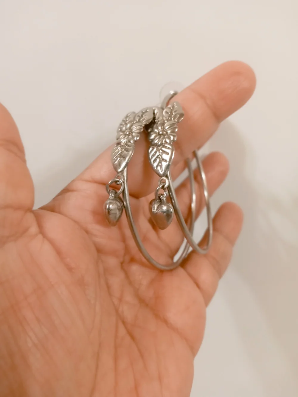 Vintage Floral Leaf Hoop Earrings with Dangle Accents